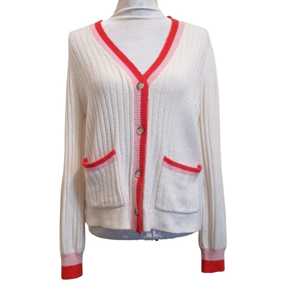 Loft Boyfriend Cardigan Sweater White Soft Collegiate Pockets Stretchy Large